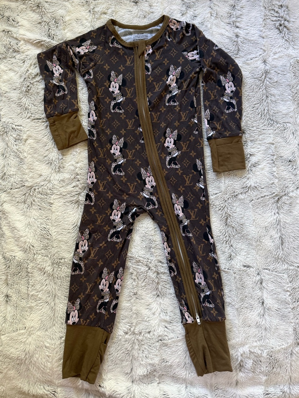 Minnie Mouse LV Leopard Bamboo Zip-Front Footie One-Piece